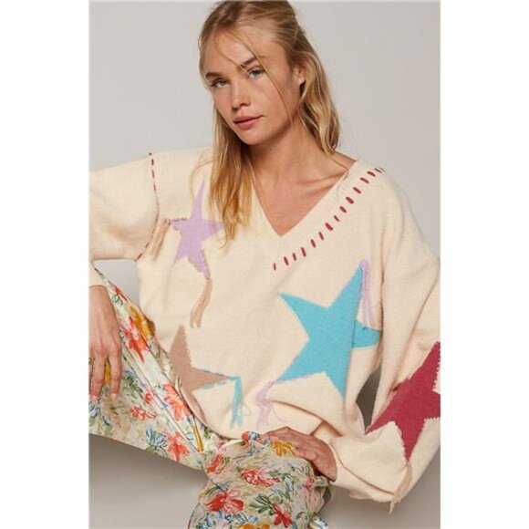 NWT POL V-Neck Long Sleeve Star Fringe Sweater